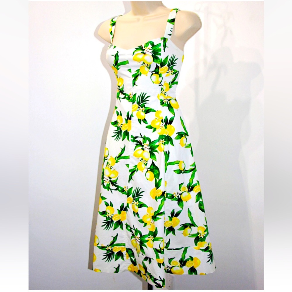 New Avec Les Filles Lemon Print Pockets Cotton-Blend Sweetheart Midi Dress - Picture 9 of 11
